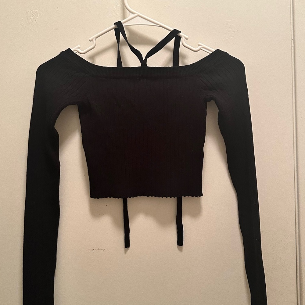 Monki Black Ribbed Off-Shoulder Crop Top